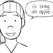 Woman saying that she will being an apple to a party, in group lateral thinking game called Come To My Party game