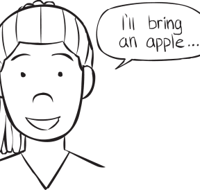 Woman saying that she will being an apple to a party, in group lateral thinking game called Come To My Party game