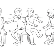 Two men trying to sit on the same seat in fun community-building game called Do You Love Your Neighbours