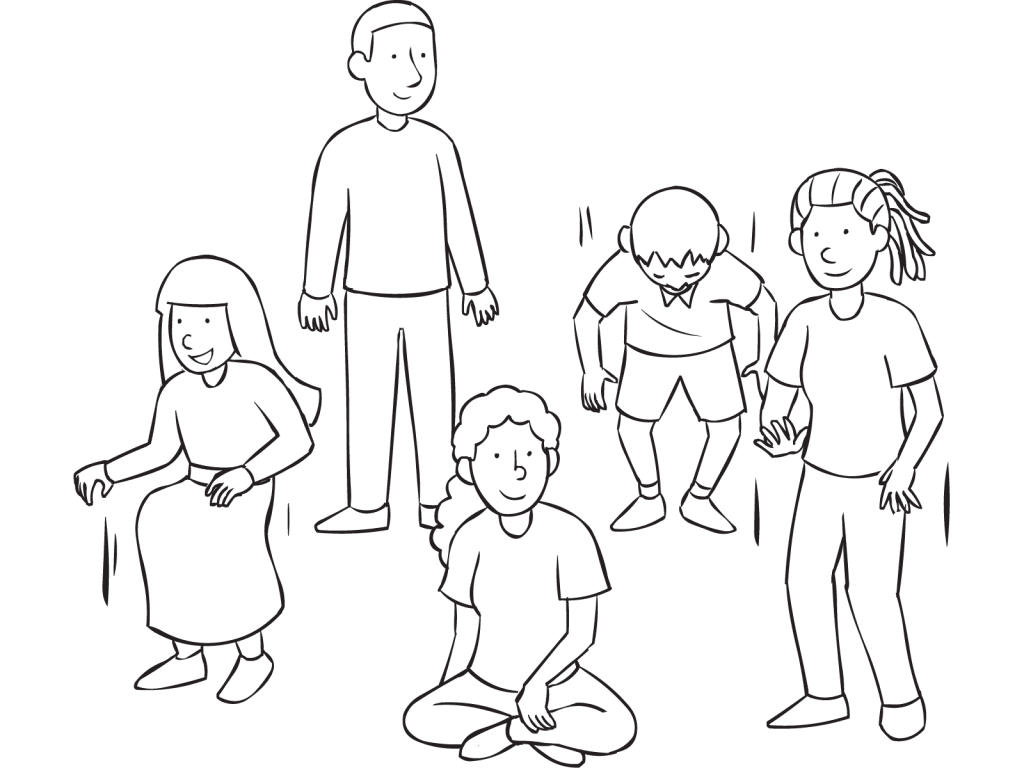 Group of people standing and sitting as part of fun get-to-know-you game called Sit Down If...