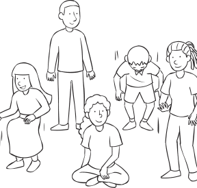 Group of people standing and sitting as part of fun get-to-know-you game called Sit Down If...