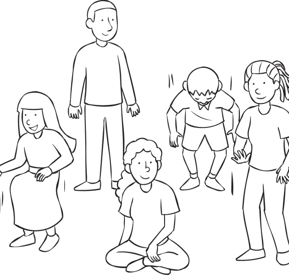 Group of people standing and sitting as part of fun get-to-know-you game called Sit Down If...