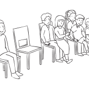 People sitting on chairs and stacked on laps of others, as seen in moving energiser circle game All My Neighbours