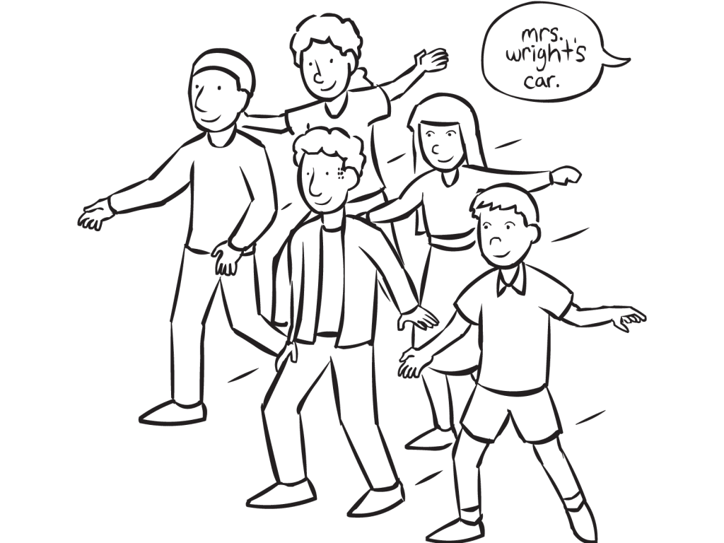 Large group moving to the commands of fun storytelling energiser Mr & Mrs Wright