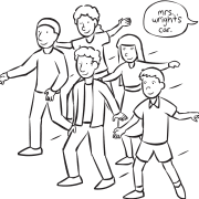 Large group moving to the commands of fun storytelling energiser Mr & Mrs Wright