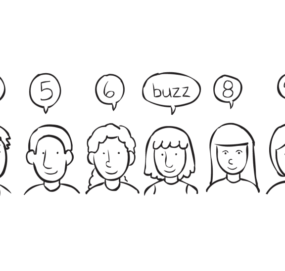 Group of people taking turns to count number, as heard in mental focus game called Buzz