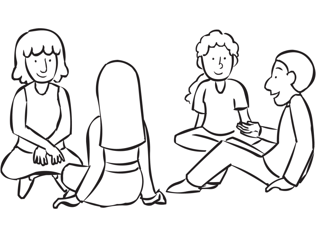 Two sets of partners are sharing information about themselves in partner icebreaker activity called Partner Introductions