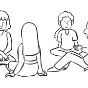 Two sets of partners are sharing information about themselves in partner icebreaker activity called Partner Introductions