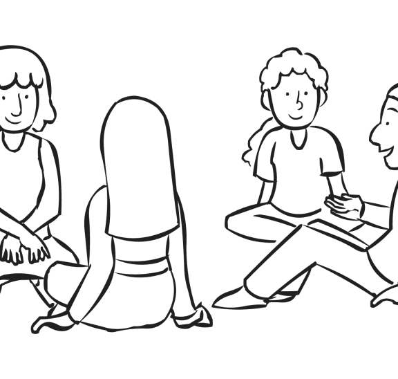 Two sets of partners are sharing information about themselves in partner icebreaker activity called Partner Introductions