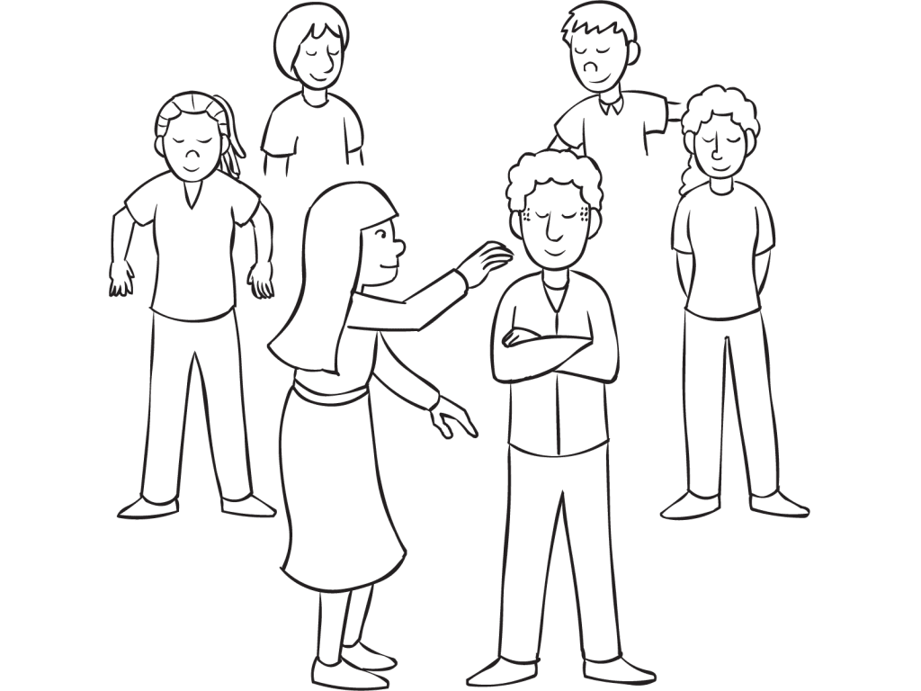 Woman creeping up to a man with his eyes closed as part of suspenseful group game Ghost