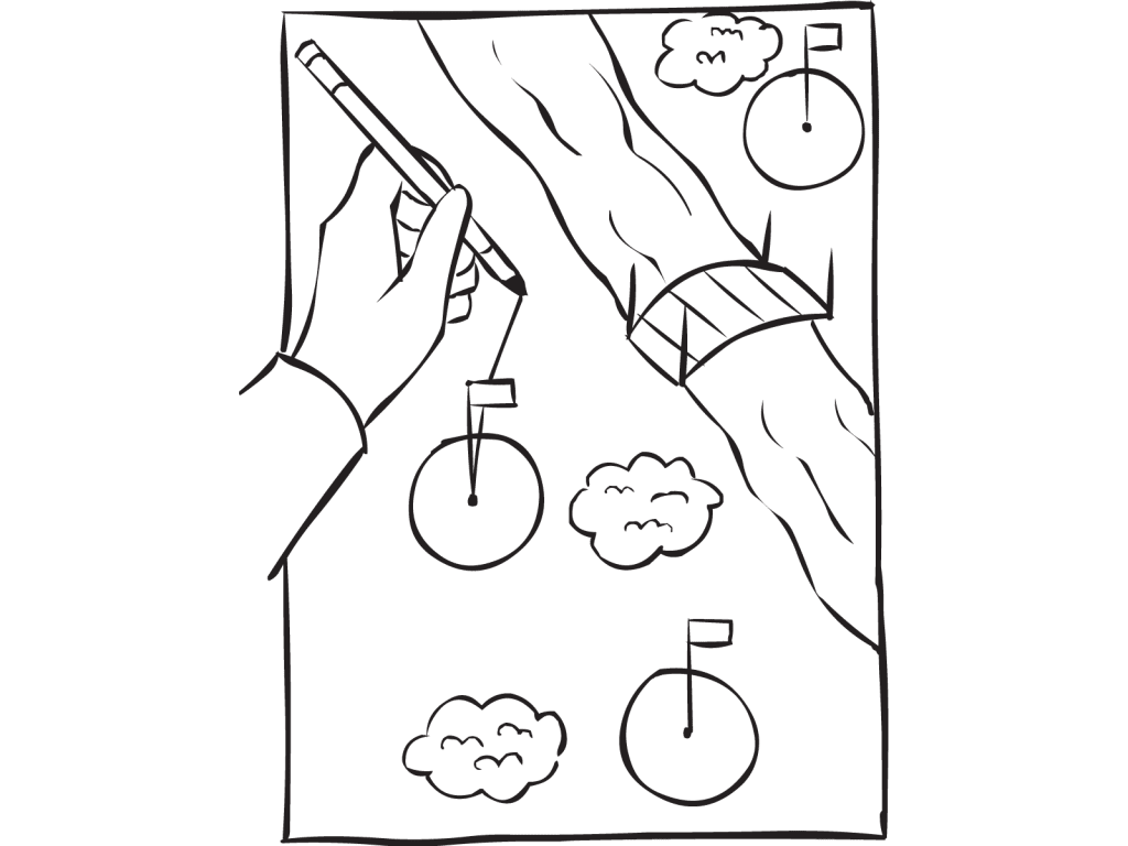 Paper with various golf tees and hazards and a hand holding a pen playing pen and paper game Paper Golf