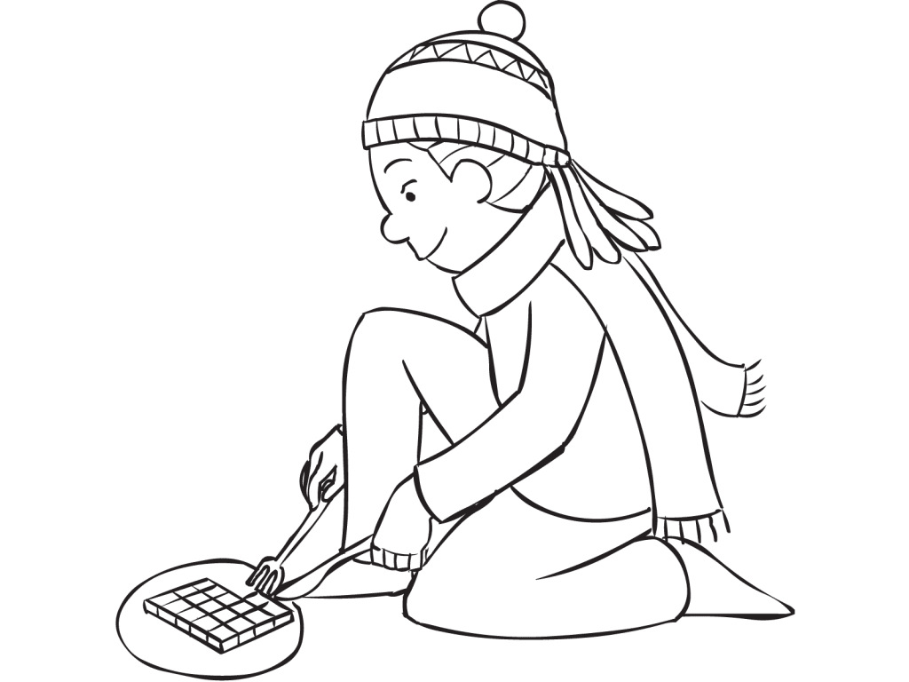 Girl wearing a beanie using a knife and fork in fun party game called Chocolate Circle