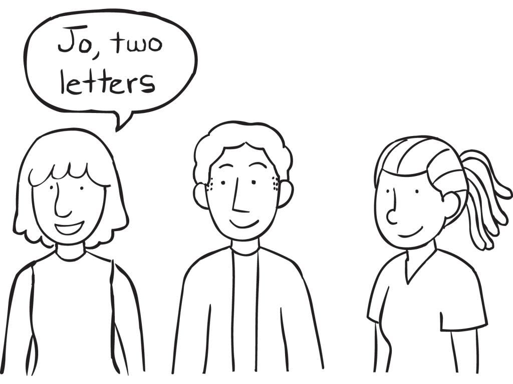 Three people standing in a line playing name-based icebreaker game called What's In A Name