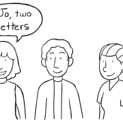 Three people standing in a line playing name-based icebreaker game called What's In A Name