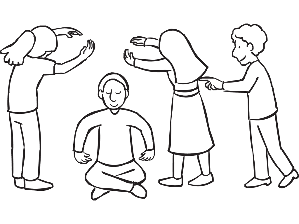 Group of people working together in creative team-building game Human Machine