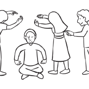 Group of people working together in creative team-building game Human Machine