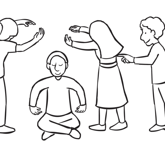 Group of people working together in creative team-building game Human Machine