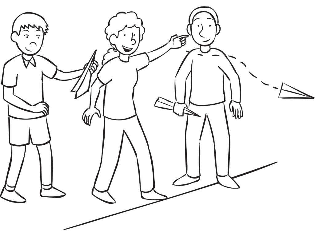 Three people flying their airplanes in the fun group competition paper-plane contest