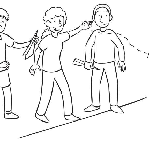 Three people flying their airplanes in the fun group competition paper-plane contest