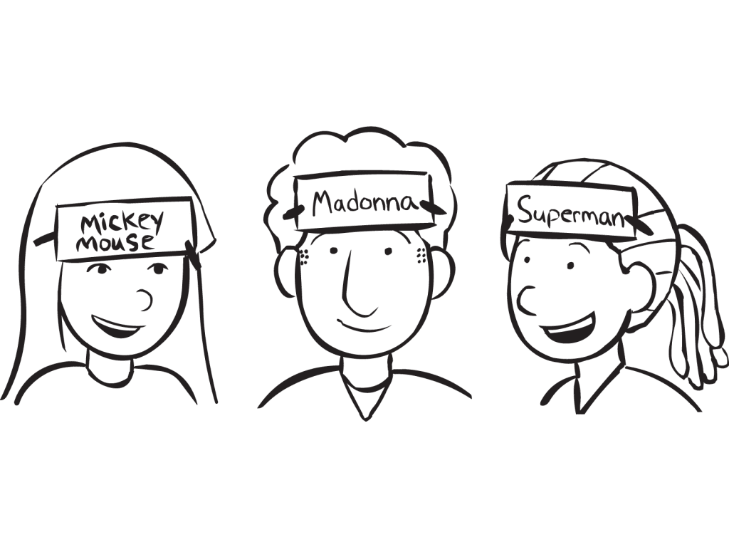 Three people with name of celebrities stuck to their heads in Celebrity Head a fun celebrity guessing game