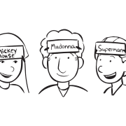 Three people with name of celebrities stuck to their heads in Celebrity Head a fun celebrity guessing game