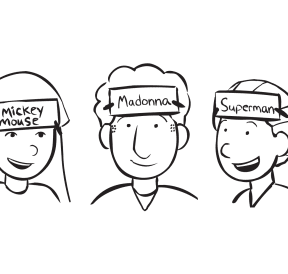 Three people with name of celebrities stuck to their heads in Celebrity Head a fun celebrity guessing game