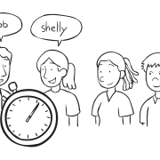 Stop watch in foreground of group of people calling out their names, as featured in quick name circle game Name Impulse