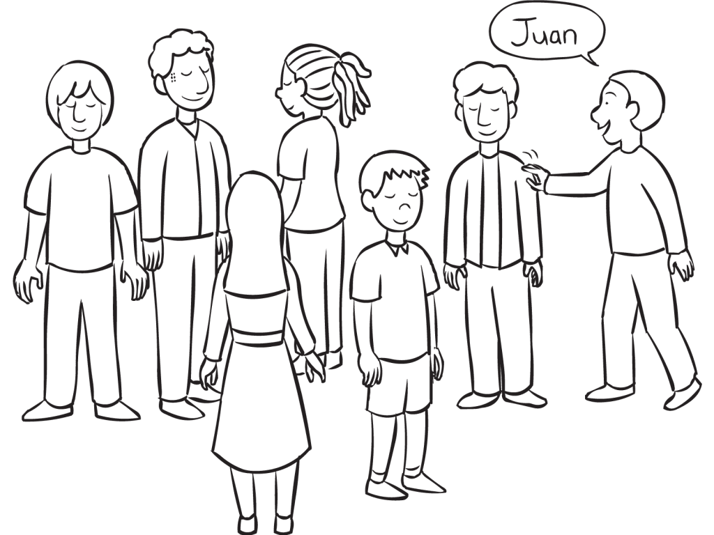 Group of people with eyes closed, playing fun problem-solving game of Speedy Name Game