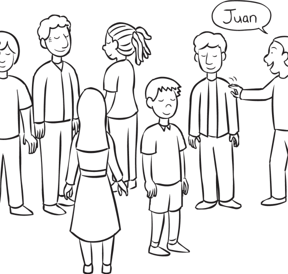 Group of people with eyes closed, playing fun problem-solving game of Speedy Name Game