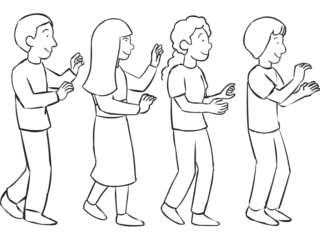 Four people standing in a line following instruction in the quick energiser game Bobsled Teams, perfect for team-building games for students