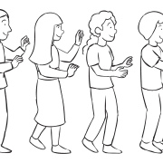 Four people standing in a line following instruction in the quick energiser game Bobsled Teams, perfect for team-building games for students