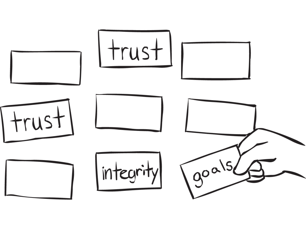 Series of index cards with words of different values written on them as used in team values memory game called Memory Card game