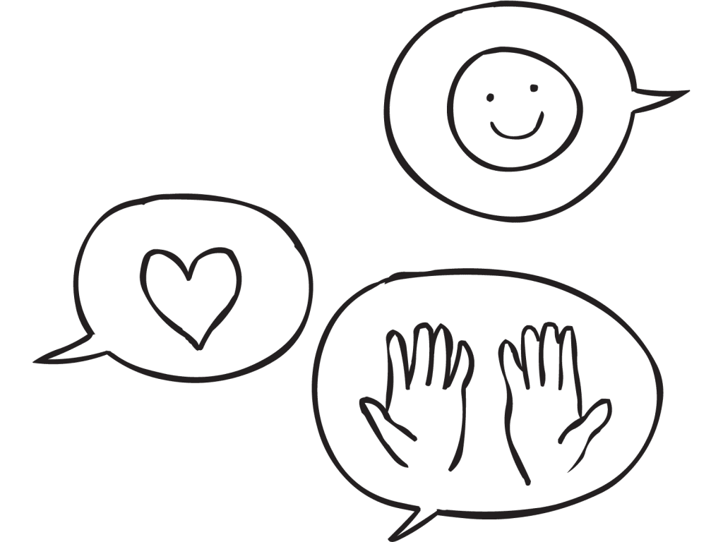 Three talk bubbles featuring a heart, happy face and hands as discussed in Three H Debrief structured debrief exercise