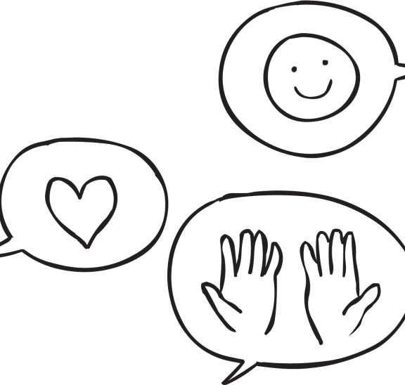 Three talk bubbles featuring a heart, happy face and hands as discussed in Three H Debrief structured debrief exercise