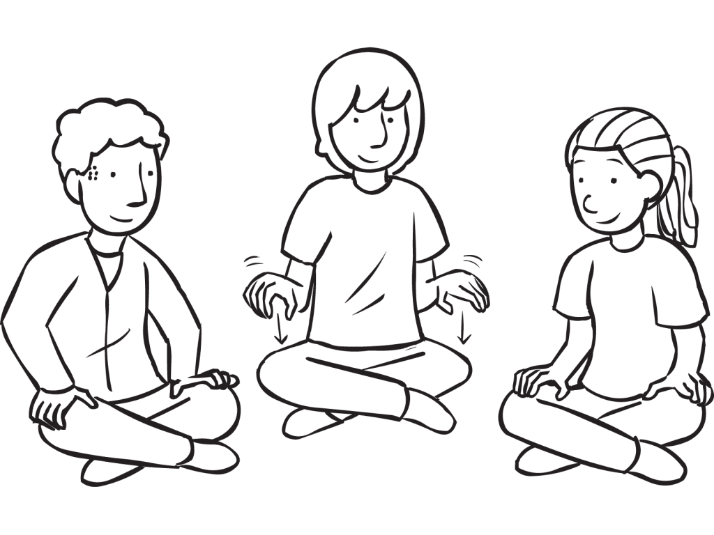 Three people sitting in a circle tapping their hands in energiser called Galloping Hands