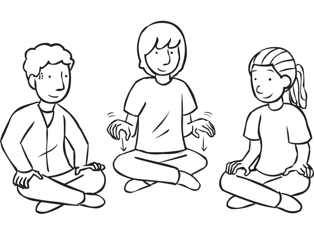Three people sitting in a circle tapping their hands in quick circle energiser Galloping Hands
