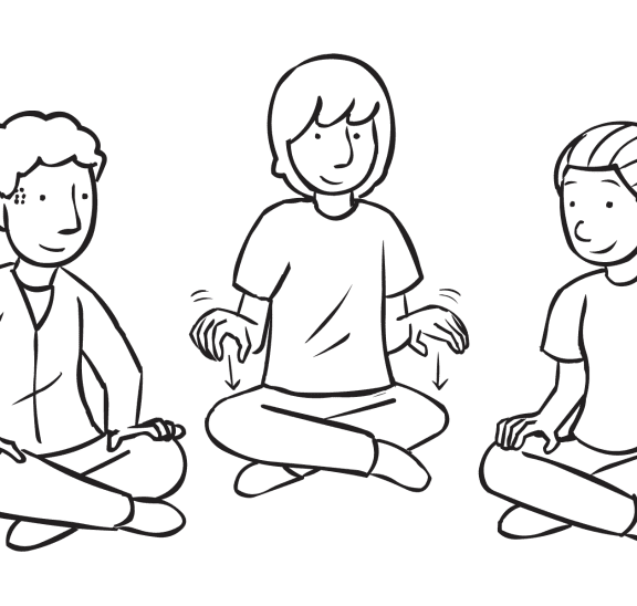 Three people sitting in a circle tapping their hands in quick circle energiser Galloping Hands