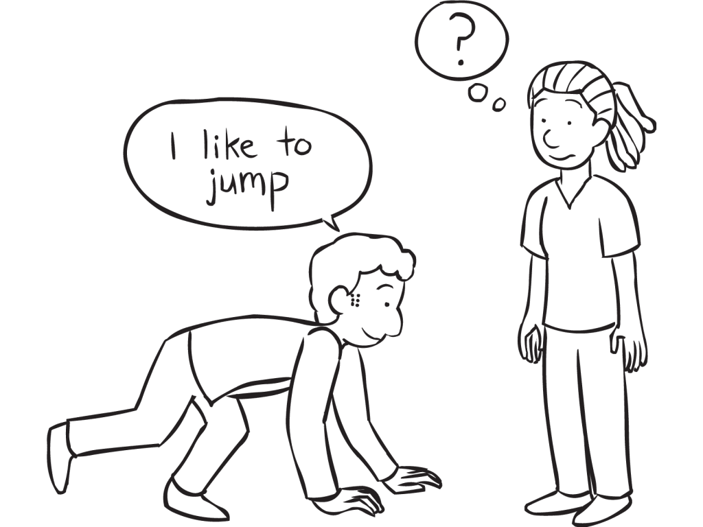 Man demonstrating an action to a woman in active energiser game Do As I say game