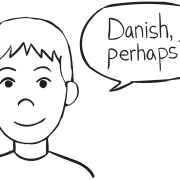 Boy with talk bubble, playing fun name game Kram Dralloc