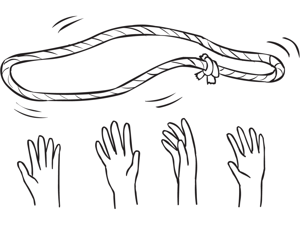 Rope loop thrown in air above hands of group as seen in team coordination challenge Pizza Toss
