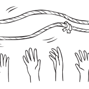 Rope loop thrown in air above hands of group as seen in team coordination challenge Pizza Toss