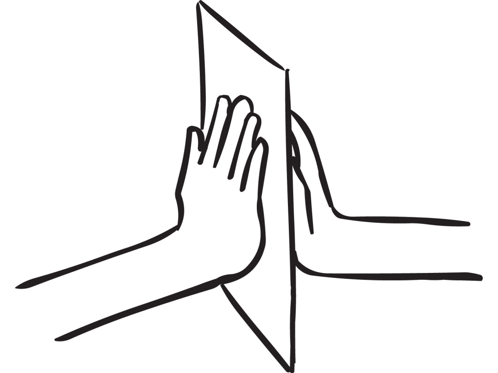 Sheet of paper held between two hands, as featured in fun team-building challenge called Paper Holding game