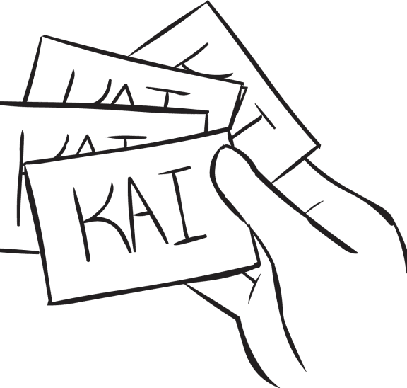 Hand holding bunch of index cards with Kai written on them as seen in interactive name game Names Stock Market