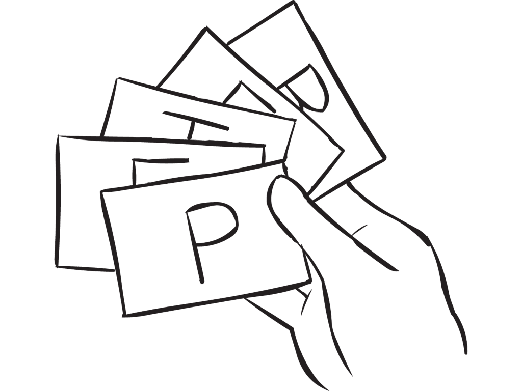 Hand holding bunch of cards with letters on them, playing the interactive name game Name Swap