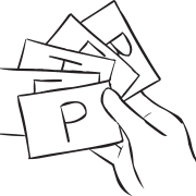 Hand holding bunch of cards with letters on them, playing the interactive name game Name Swap