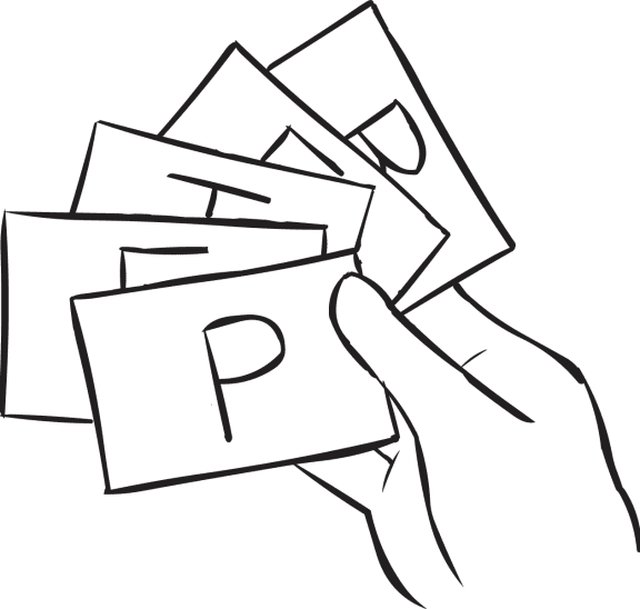 Hand holding bunch of cards with letters on them, playing the interactive name game Name Swap