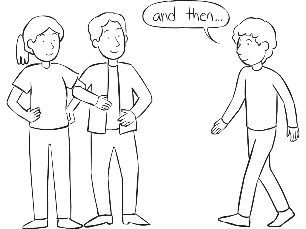 Man walking over to two interlocked people in Build A Story group storytelling activity