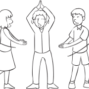 Three people playing fast-paced circle game called Wah