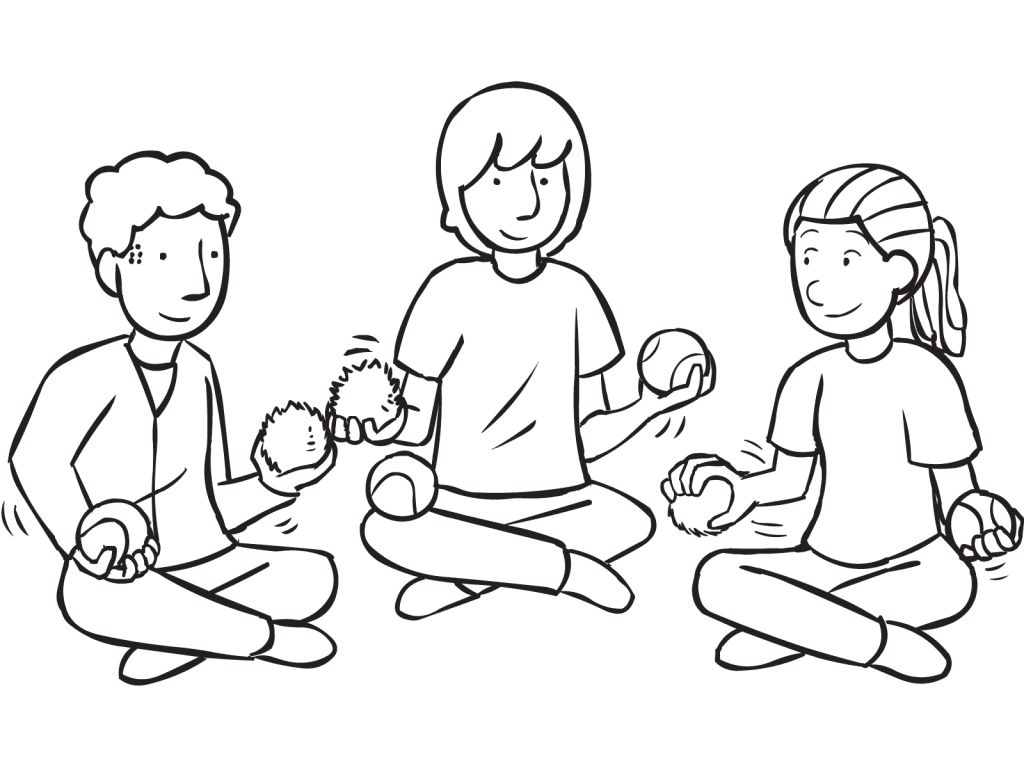 Three people sitting in circle passing balls to each other quickly as featured in circle passing game Quick Pass