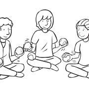 Three people sitting in circle passing balls to each other quickly as featured in circle passing game Quick Pass